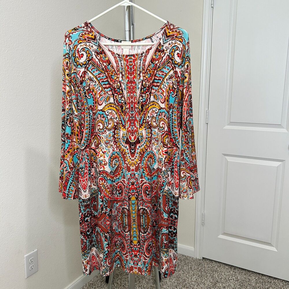 Chicos Dress Womens 2 Large Multicolor Paisley Bell Sleeve Stretch Boho Festival